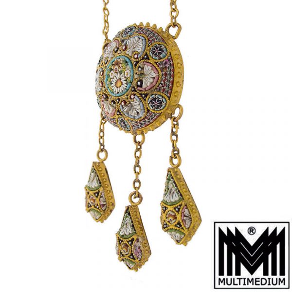 Mikromosaik Collier Antik Millefiori Halskette 1900 Metall vergoldet