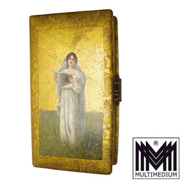 Antikes Jugendstil Photo Album Ölbild auf Leder Malerei Goldprägung