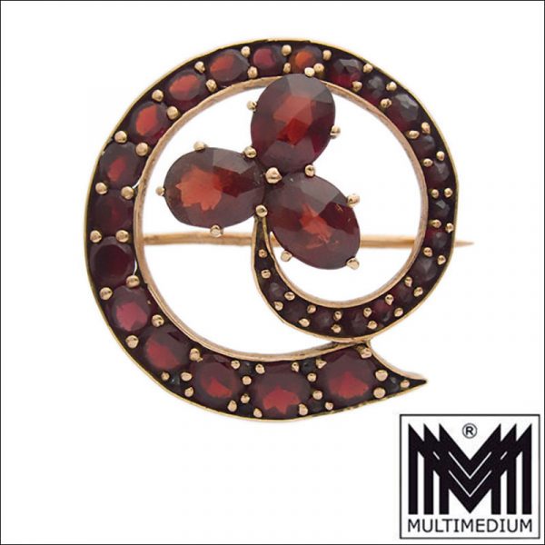 585 Gelbgold Brosche Granat Kleeblatt 14k garnet gold brooch 14ct