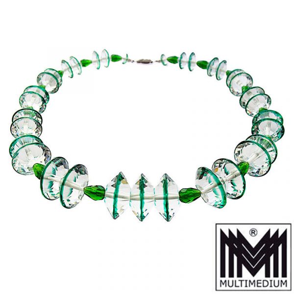 Art Deco Glas Halskette grün weiß facettiert 20er glass necklace
