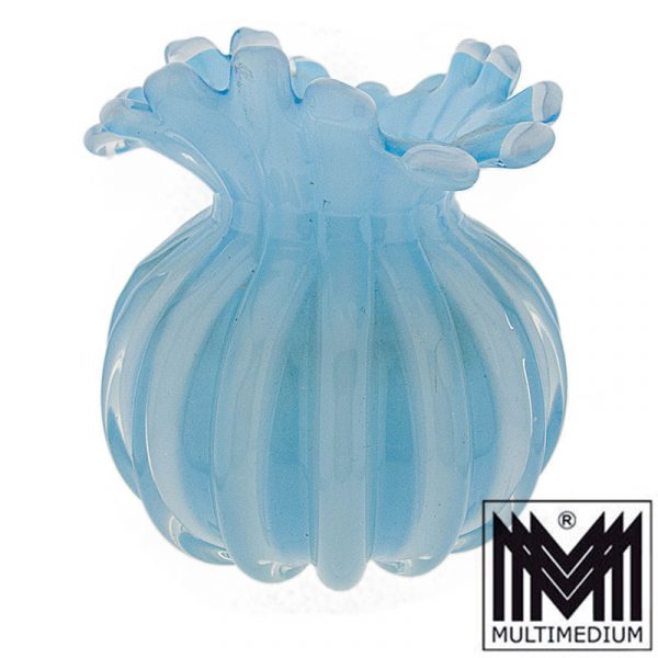 -VERKAUFT- Barovier Toso Archimede Seguso Art Glas Vase Murano blue Rippenvase glass 1950