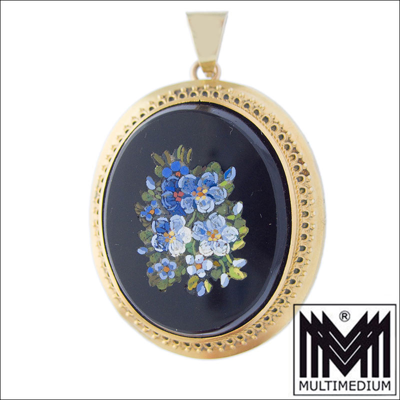 CRW 6450 750 18k Gold Brosche Mikromosaik micro mosaic Aufhänger 585 Gold Blumen 1860