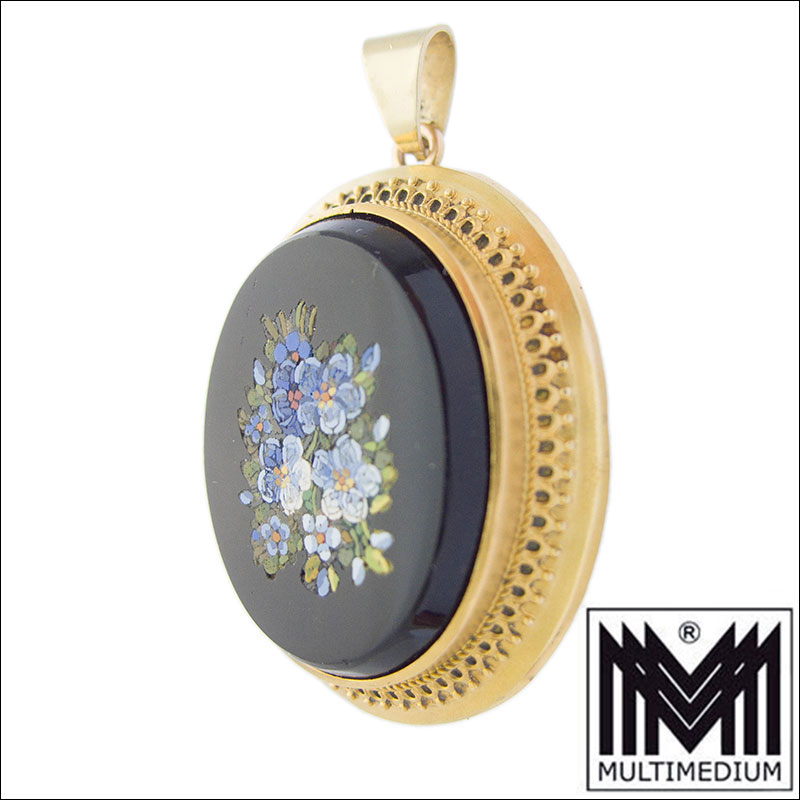 CRW 6451 750 18k Gold Brosche Mikromosaik micro mosaic Aufhänger 585 Gold Blumen 1860
