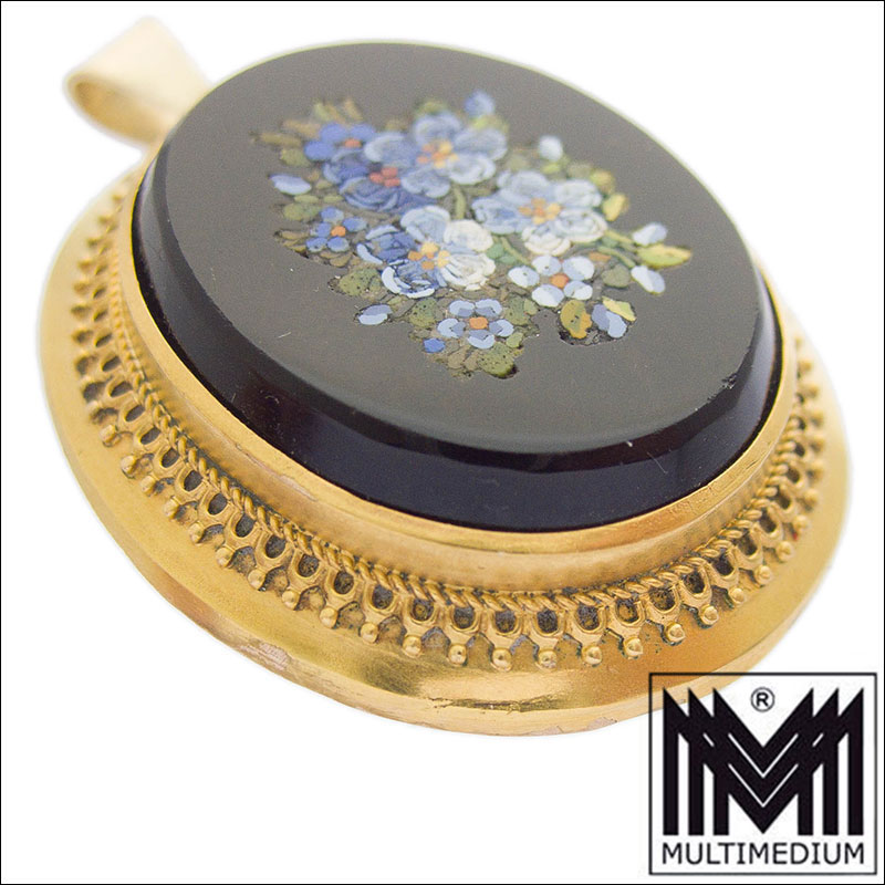 CRW 6453 750 18k Gold Brosche Mikromosaik micro mosaic Aufhänger 585 Gold Blumen 1860