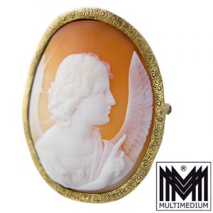 Antike Biedermeier 585 Gold Brosche Muschel Kamee Engel cameo brooch