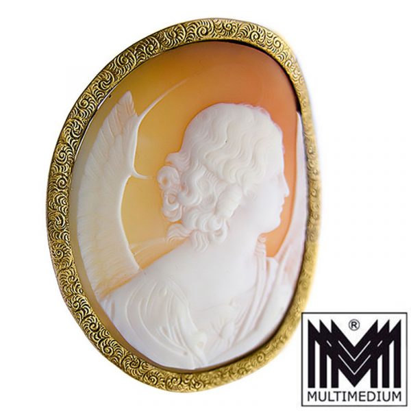Antike Biedermeier 585 Gold Brosche Muschel Kamee Engel cameo brooch