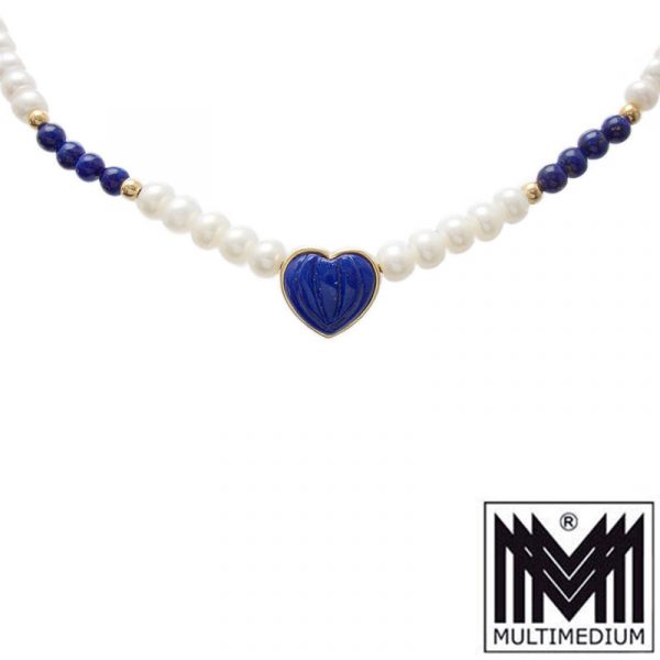 Modernist 585er Gold Lapis Lazuli Anhänger Perlenkette Pearl necklace