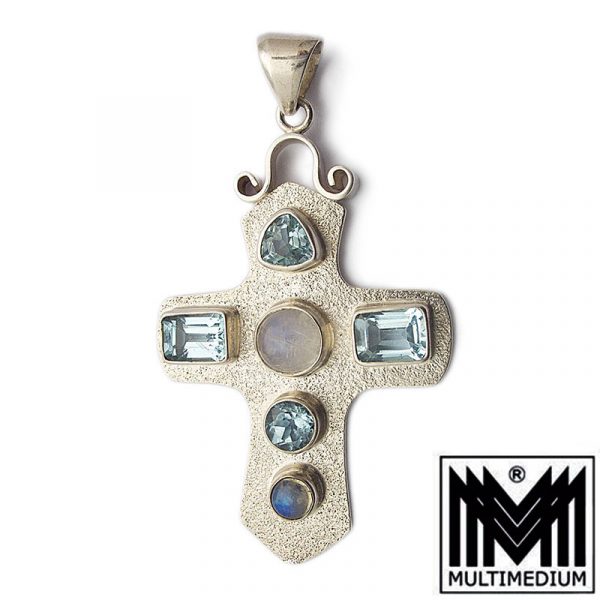 Silber Kreuz Anhänger Blautopas Aquamarin Bergkristall silver cross