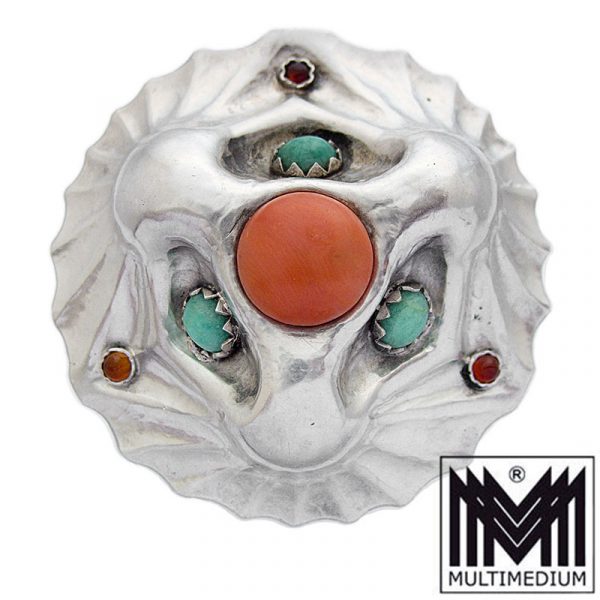 Prachtvolle große Art Deco Silber Koralle Amazonit Brosche MM silver
