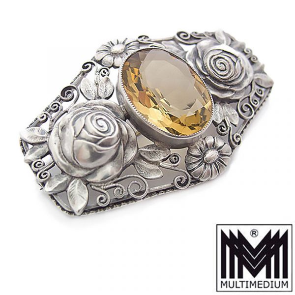 Jugendstil Silber Citrin Brosche Rosen art nouveau silver rose brooch flower