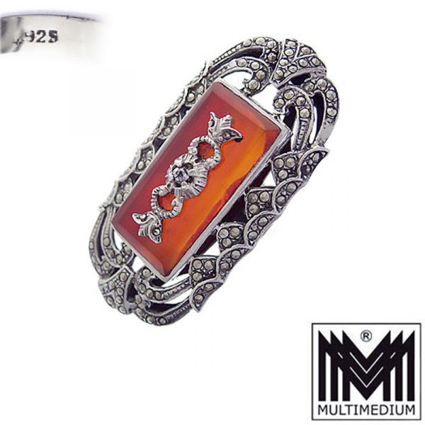 CRW 8292 Prachtvoller Art Deco Silber Ring Karneol Markasiten silver marcasite