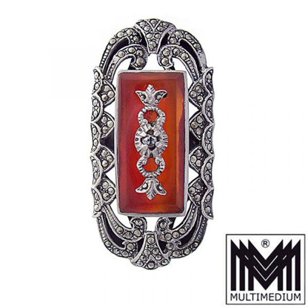 CRW 8293 Prachtvoller Art Deco Silber Ring Karneol Markasiten silver marcasite