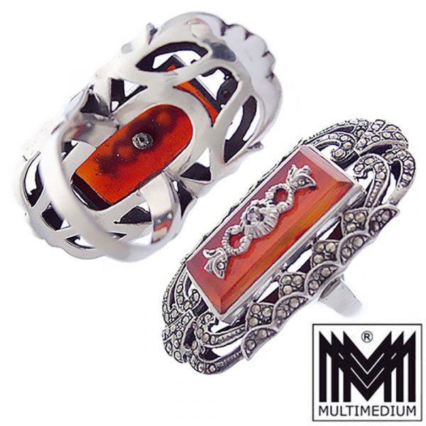 CRW 8295 Prachtvoller Art Deco Silber Ring Karneol Markasiten silver marcasite