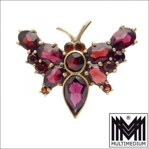 Granat Brosche Schmetterling vergoldet gilt brooch garnet butterfly