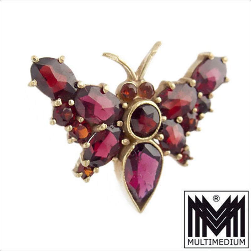Granat Brosche Schmetterling vergoldet gilt brooch garnet butterfly