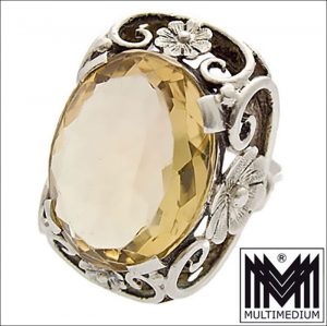 XXL Art Deco Silber Ring Citrin Blume silver ring gold topaz flower