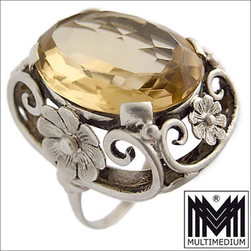XXL Art Deco Silber Ring Citrin Blume silver ring gold topaz flower