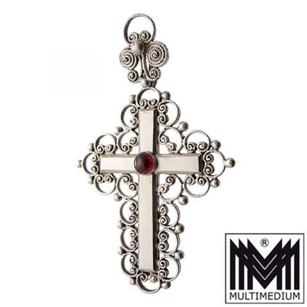 Neo Renaissance Sterling Silber Kreuz Anhänger Granat silver cross