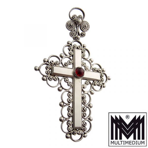 Neo Renaissance Sterling Silber Kreuz Anhänger Granat silver cross