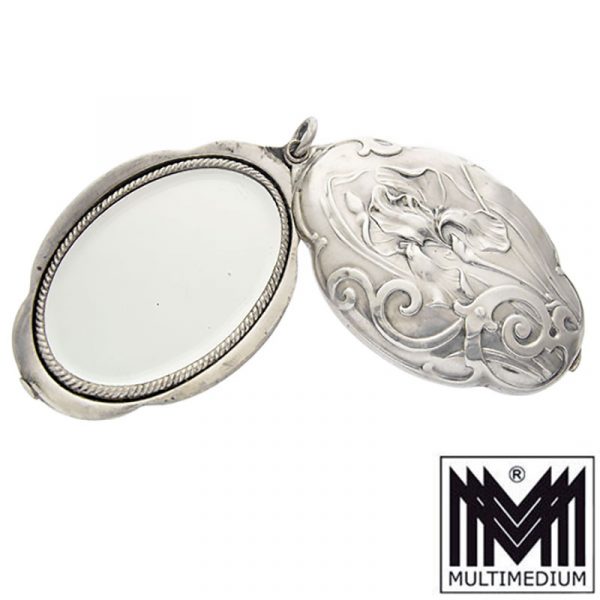 Großer XXL Jugendstil Silber Spiegel Anhänger silver mirror locket pendant