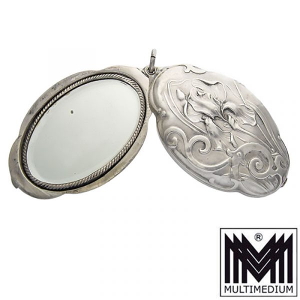 Großer XXL Jugendstil Silber Spiegel Anhänger silver mirror locket pendant
