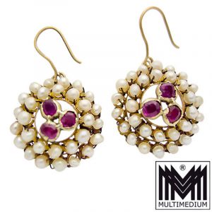 - VERKAUFT - Victorian 14ct Gelbgold Ohrringe Rubine Perlen gold earrings pearl