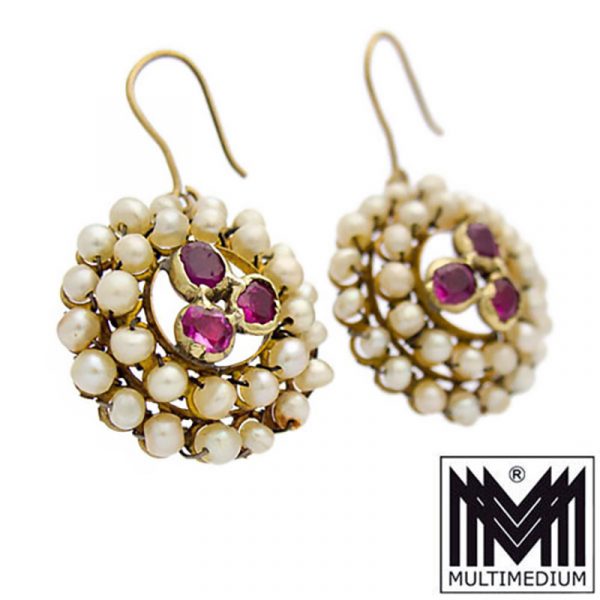 Victorian 14ct Gelbgold Ohrringe Rubine Perlen gold earrings pearl