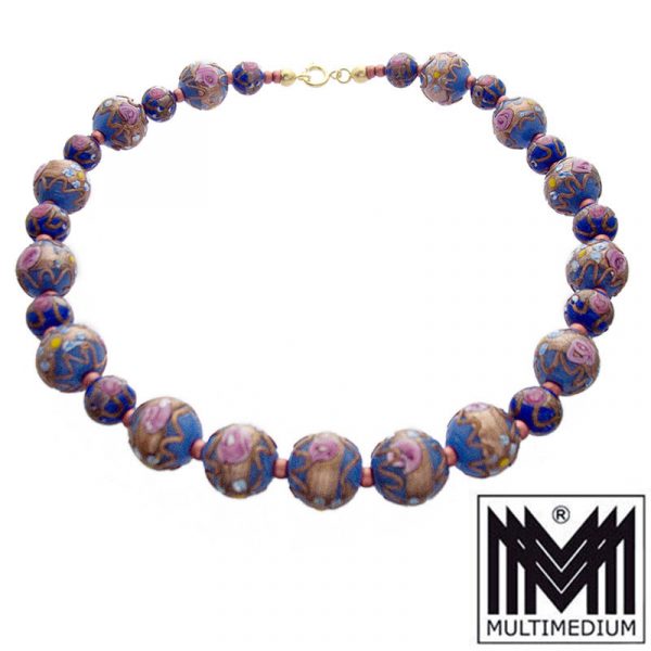 CRW 9628 Alte Murano Glas Halskette Blau vintage glass necklace millefiori blue