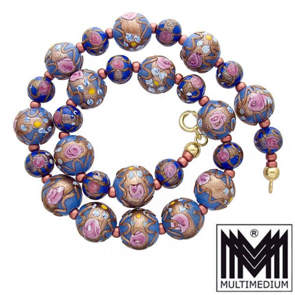 CRW 9629 Alte Murano Glas Halskette Blau vintage glass necklace millefiori blue