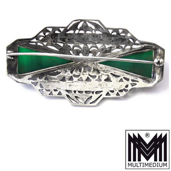 Silber Brosche Art Deco Stil grüner Achat Markasit silver brooch agate marcasite