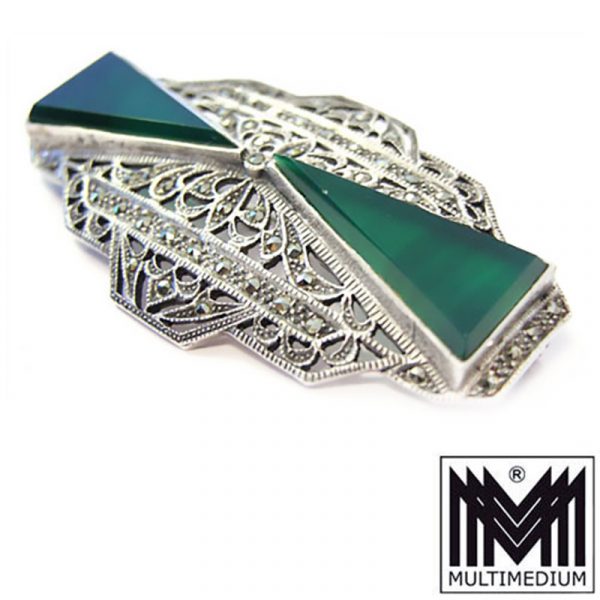 Silber Brosche Art Deco Stil grüner Achat Markasit silver brooch agate marcasite
