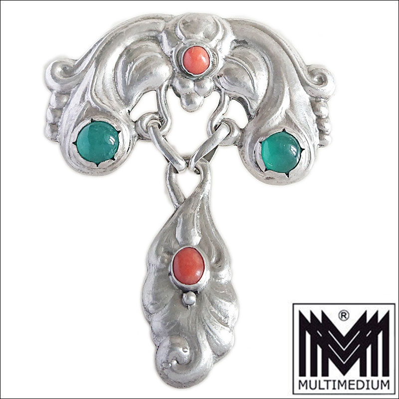 Jugendstil Silber Brosche signiert Fogh antik Koralle Achat grün