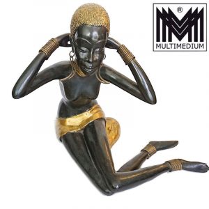 Prachtvolle XXL VTG Messing Bronze Figur nackte sitzende Afrikanerin