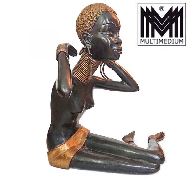 Prachtvolle XXL VTG Messing Bronze Figur nackte sitzende Afrikanerin