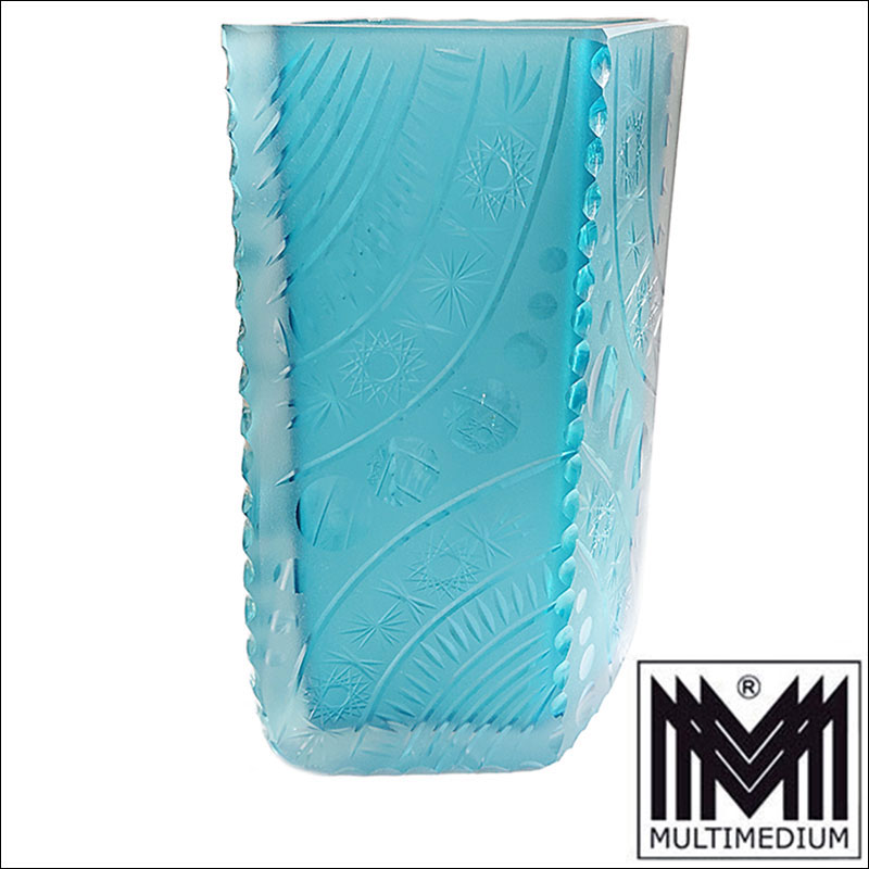 Antonin Drobnik (attrib.) blaue Czech Glas Vase farblos überfangen geschliffen