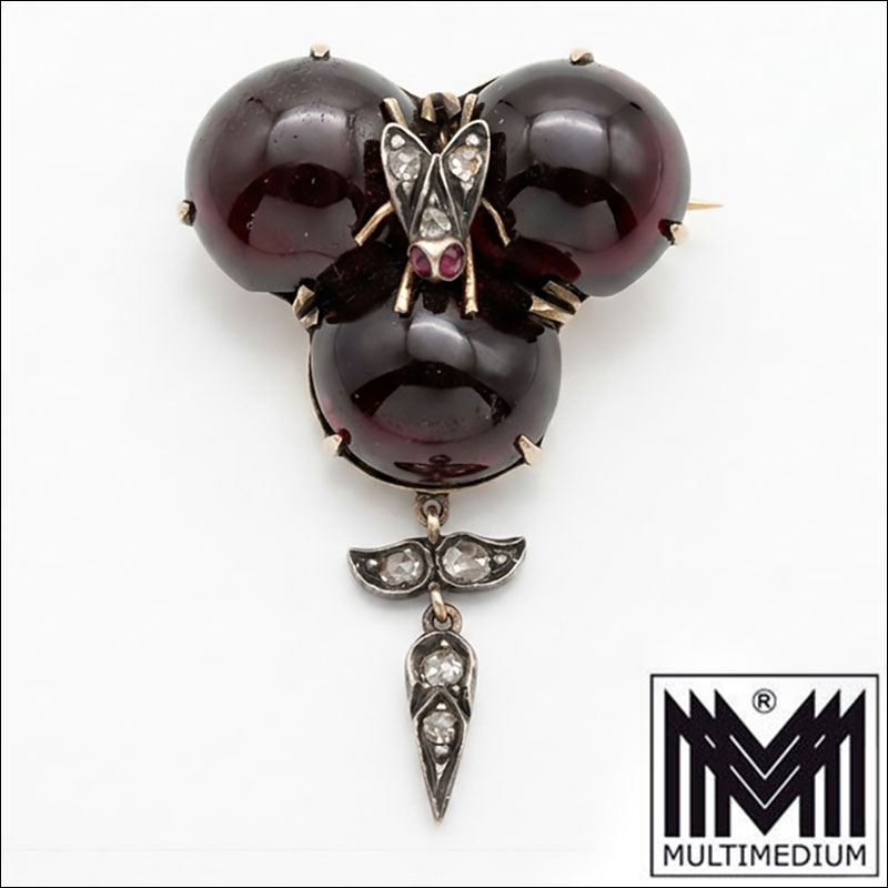 Antike Viktorianische Granat Brosche um 1870 Gold & Diamant Rose Gedenkschmuck