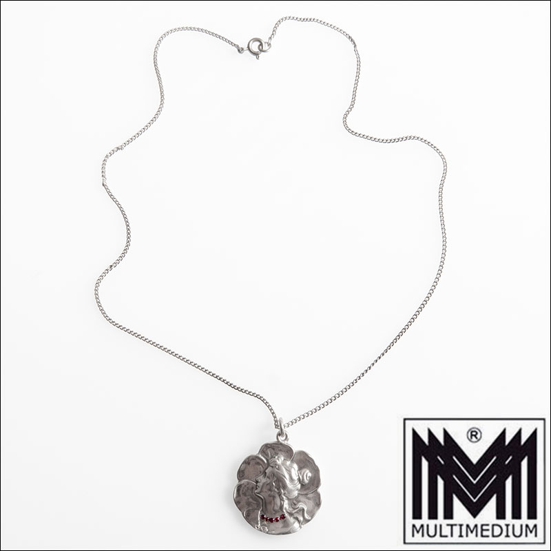 Gemini Generated Image 8odgvp8odgvp8odg Jugendstil Anhänger mit Kette 800 Silber Mädchenportrait Kleeblatt