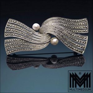 Theodor Fahrner 925 Silber Brosche Perle Markasit silver brooch pearl marcasite