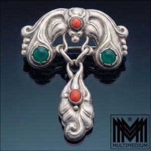 Jugendstil Silber Brosche signiert S. Christian Fogh antik Koralle Achat grün