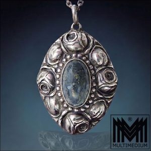 Jugendstil Anhänger um1900 bis 1910 Silber Rosen Lapis Lazuli signiert DKS