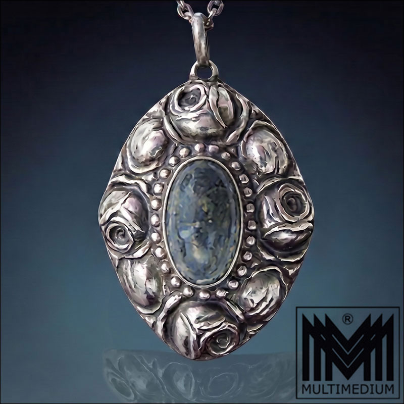 Gemini Generated Image dfr8o1dfr8o1dfr8 Jugendstil Anhänger um1900 bis 1910 Silber Rosen Lapis Lazuli signiert DKS