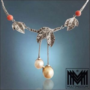 Antikes Art Déco Silber Collier Koralle Markasiten Perlen Kette Antik Original