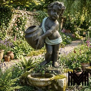 Antik-Stil Bronze Putto Figur mit Krug Garten Skulptur Massiv 25 kg 71 cm