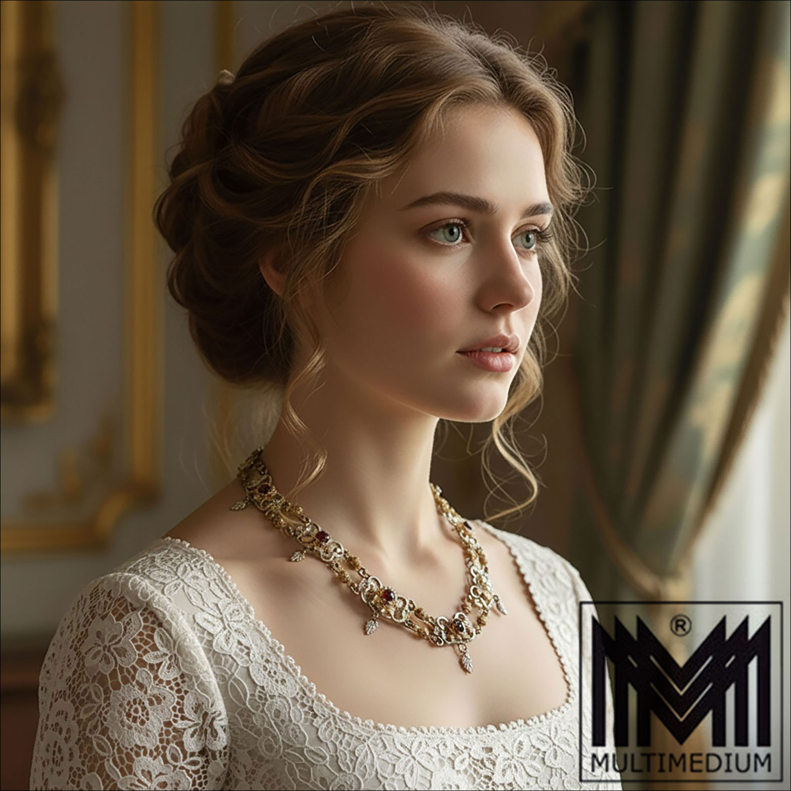 Erhard und Söhne Historismus Neorenaissance Engel Collier Halskette versilbert Granatpaste