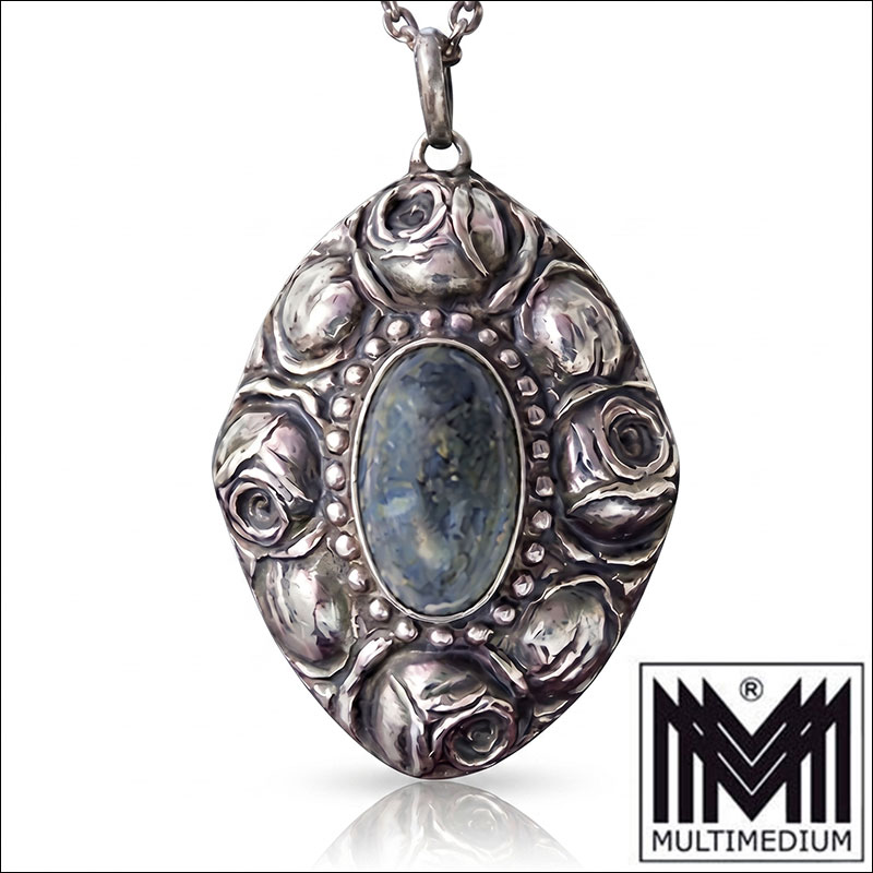 Jugendstil Anhänger um1900 bis 1910 Silber Rosen Lapis Lazuli signiert DKS