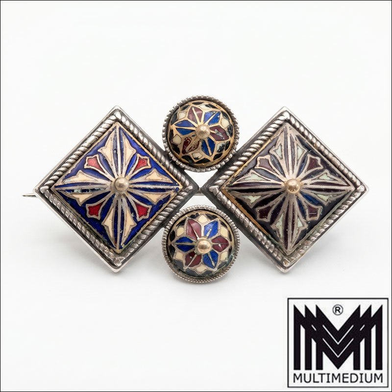 Antike David Andersen Norwegen Solje Silber Brosche vergoldet Emaille Jugendstil