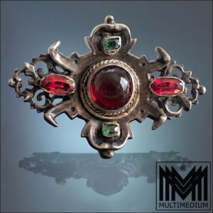 Historismus Neorenaissance Silber Brosche Almandin Granat Chrysopras Antik