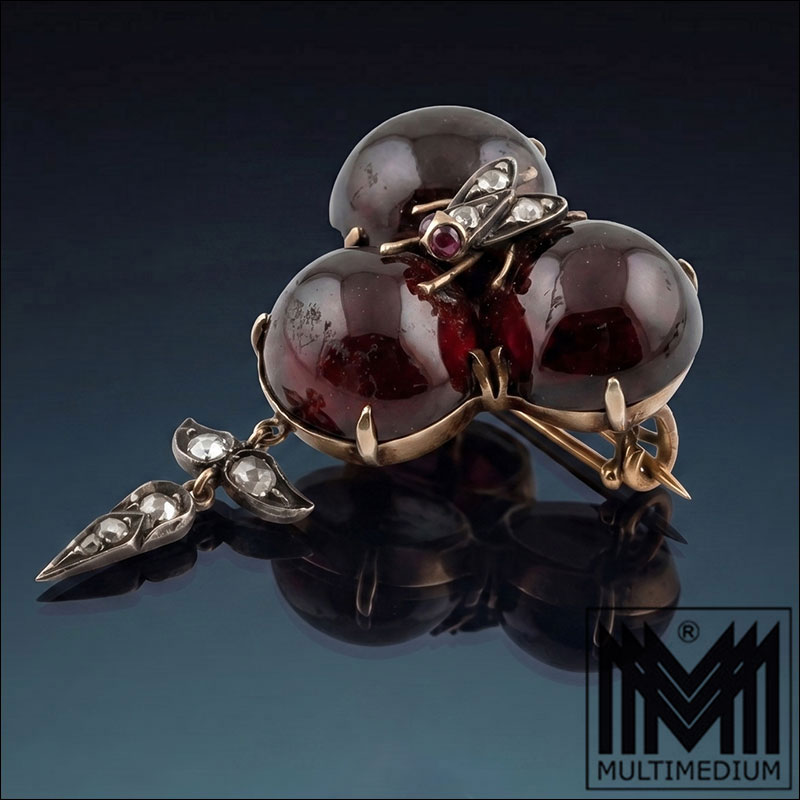 Antike Viktorianische Granat Brosche um 1870 Gold & Diamant Rose Gedenkschmuck