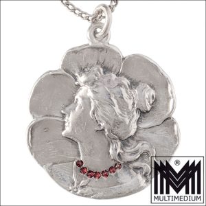 Jugendstil Anhänger mit Kette 800 Silber Mädchenportrait Kleeblatt
