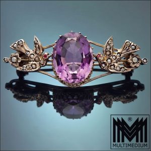 Jugendstil Brosche Silber Amethyst Taube Saatperlen antik silver